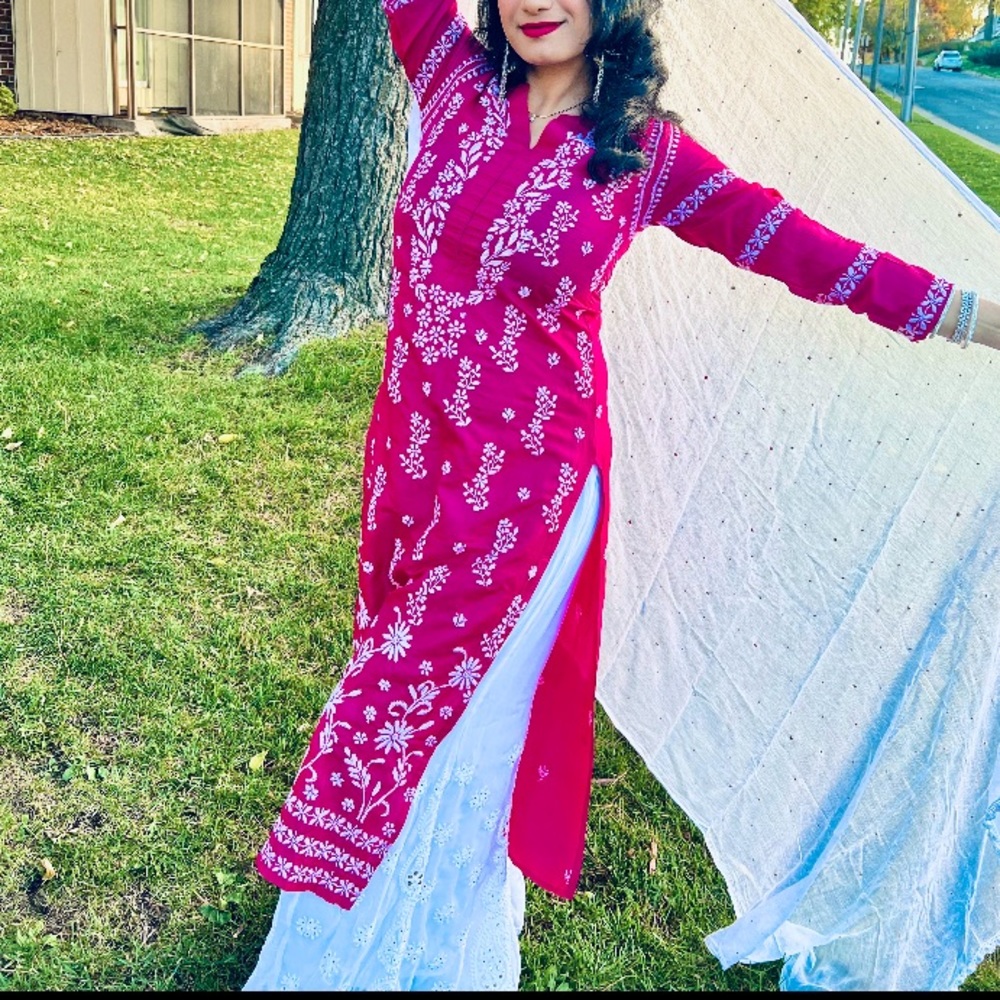 Hot Pink Pure Silk Chikankari Kurti